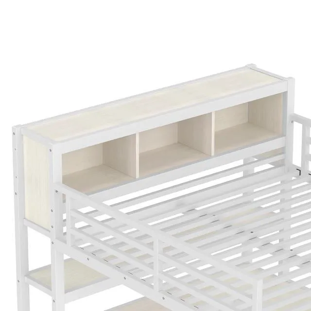 Alt view image 7 of 7 - Queen Size Metal Loft Bed with Desk, Wardrobe & Storage Shelves, Organized Loft Bed with Workstation & Safety Guardrail for Teens, Kids & Small Bedroom, White Straight Grain