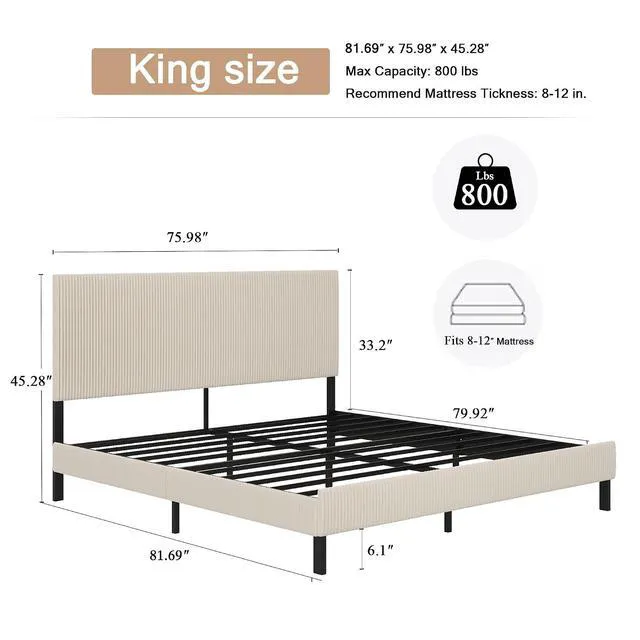 Alt view image 2 of 7 - King Modern Upholstered Platform Bed with Headboard and Metal Frame, Beige