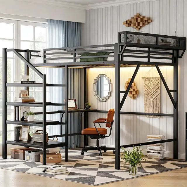 Main image of Queen Size Metal Loft Bed with Storage Staircase and Fold Down Desk, Gaming Loft Bed with USB Charging Station and LED Lighting for Studying Home Office Apartment, Black