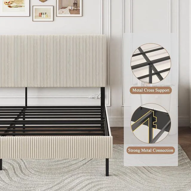 Alt view image 6 of 7 - King Modern Upholstered Platform Bed with Headboard and Metal Frame, Beige
