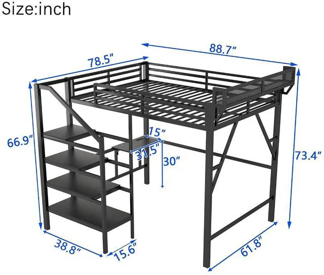 Alt view image 2 of 7 - Queen Size Metal Loft Bed with Storage Staircase and Fold Down Desk, Gaming Loft Bed with USB Charging Station and LED Lighting for Studying Home Office Apartment, Black