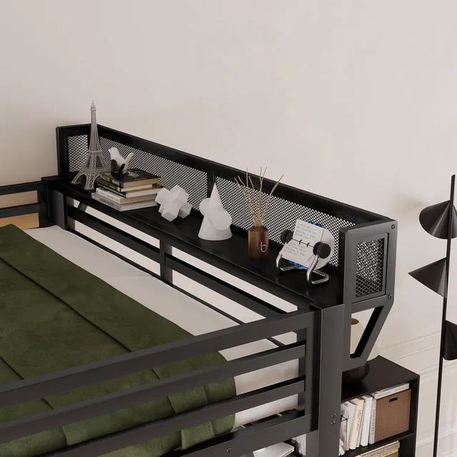 Alt view image 4 of 7 - Queen Size Metal Loft Bed with Storage Staircase and Fold Down Desk, Gaming Loft Bed with USB Charging Station and LED Lighting for Studying Home Office Apartment, Black