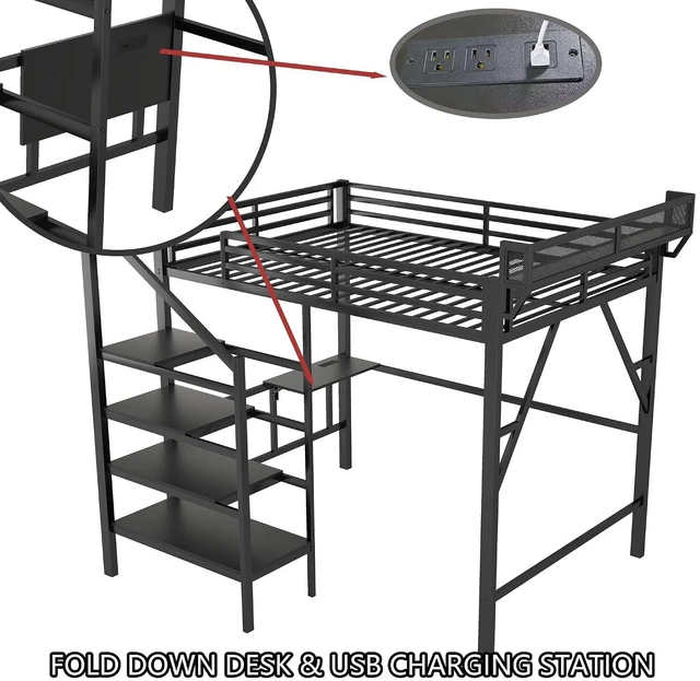 Alt view image 5 of 7 - Queen Size Metal Loft Bed with Storage Staircase and Fold Down Desk, Gaming Loft Bed with USB Charging Station and LED Lighting for Studying Home Office Apartment, Black