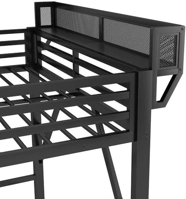 Alt view image 6 of 7 - Queen Size Metal Loft Bed with Storage Staircase and Fold Down Desk, Gaming Loft Bed with USB Charging Station and LED Lighting for Studying Home Office Apartment, Black