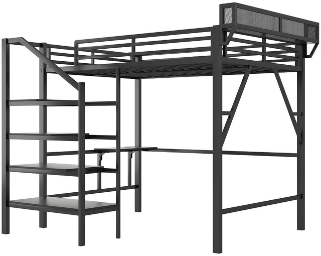 Alt view image 7 of 7 - Queen Size Metal Loft Bed with Storage Staircase and Fold Down Desk, Gaming Loft Bed with USB Charging Station and LED Lighting for Studying Home Office Apartment, Black