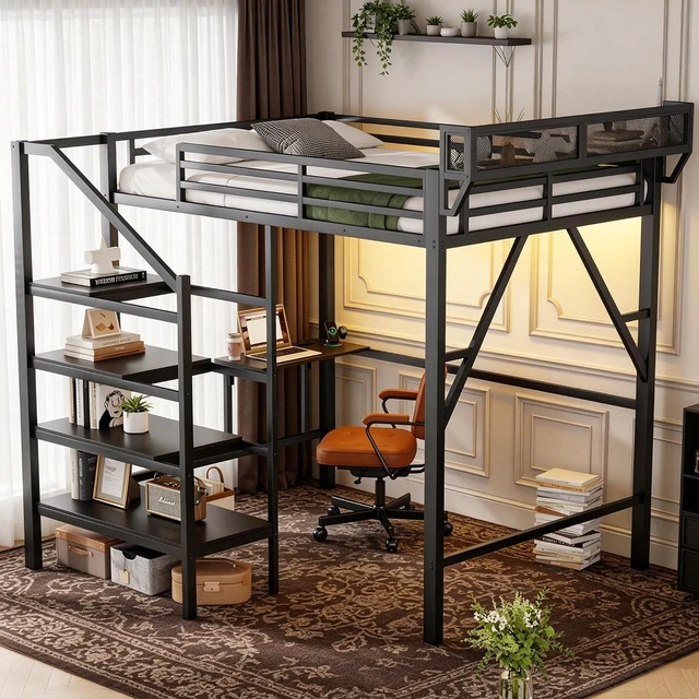 Main image of Full Size Metal Loft Bed with Storage Staircase and Fold Down Desk, Gaming Loft Bed with USB Charging Station and LED Lighting for Studying Home Office Apartment, Black
