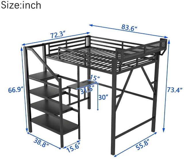 Alt view image 2 of 7 - Full Size Metal Loft Bed with Storage Staircase and Fold Down Desk, Gaming Loft Bed with USB Charging Station and LED Lighting for Studying Home Office Apartment, Black