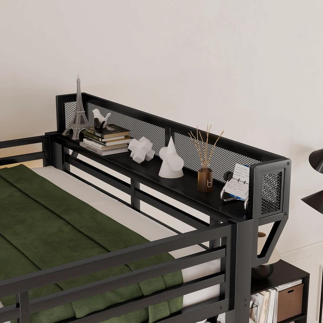 Alt view image 3 of 7 - Full Size Metal Loft Bed with Storage Staircase and Fold Down Desk, Gaming Loft Bed with USB Charging Station and LED Lighting for Studying Home Office Apartment, Black