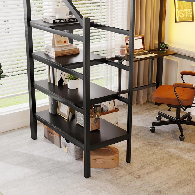 Alt view image 4 of 7 - Full Size Metal Loft Bed with Storage Staircase and Fold Down Desk, Gaming Loft Bed with USB Charging Station and LED Lighting for Studying Home Office Apartment, Black