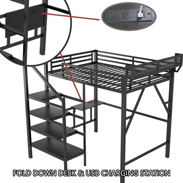 Alt view image 5 of 7 - Full Size Metal Loft Bed with Storage Staircase and Fold Down Desk, Gaming Loft Bed with USB Charging Station and LED Lighting for Studying Home Office Apartment, Black