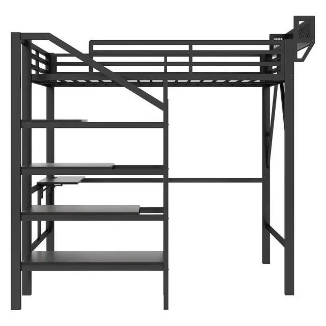 Alt view image 7 of 7 - Full Size Metal Loft Bed with Storage Staircase and Fold Down Desk, Gaming Loft Bed with USB Charging Station and LED Lighting for Studying Home Office Apartment, Black