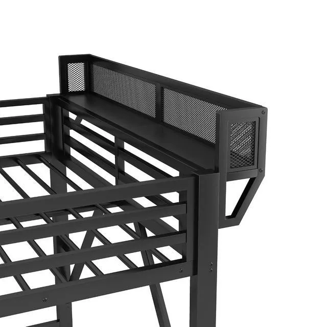 Alt view image 6 of 7 - Full Size Metal Loft Bed with Storage Staircase and Fold Down Desk, Gaming Loft Bed with USB Charging Station and LED Lighting for Studying Home Office Apartment, Black