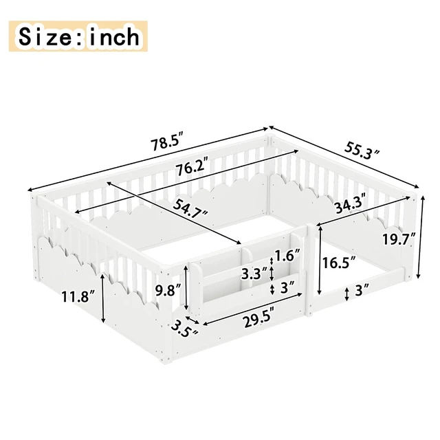 Alt view image 2 of 7 - Full Size Montessori Floor Bed with Guardrails, Solid Wood Kids Daybed with Storage Rack for Boys Girls, White
