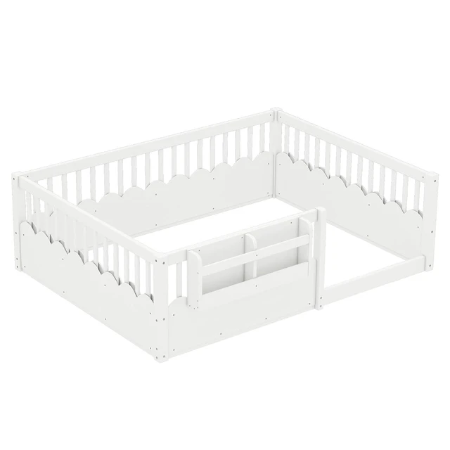 Alt view image 3 of 7 - Full Size Montessori Floor Bed with Guardrails, Solid Wood Kids Daybed with Storage Rack for Boys Girls, White