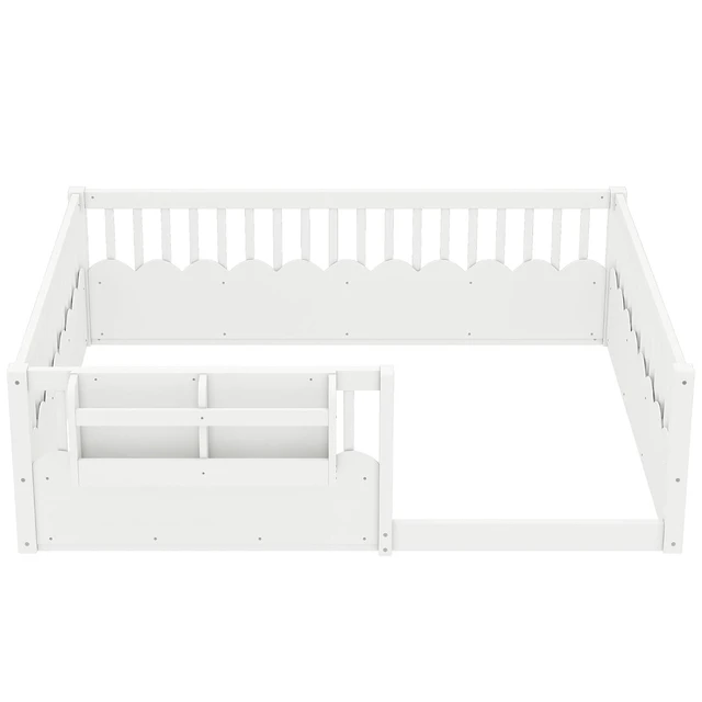 Alt view image 4 of 7 - Full Size Montessori Floor Bed with Guardrails, Solid Wood Kids Daybed with Storage Rack for Boys Girls, White