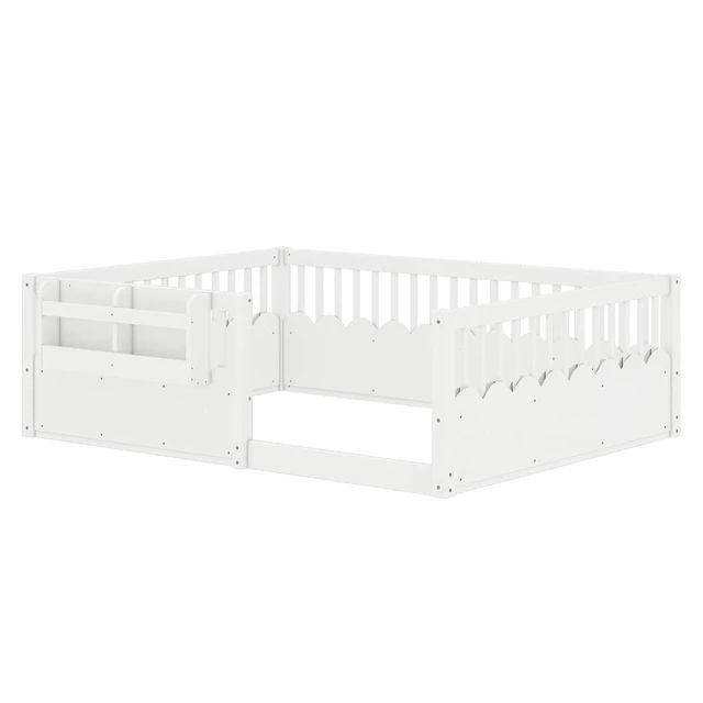 Alt view image 5 of 7 - Full Size Montessori Floor Bed with Guardrails, Solid Wood Kids Daybed with Storage Rack for Boys Girls, White