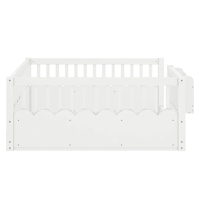 Alt view image 6 of 7 - Full Size Montessori Floor Bed with Guardrails, Solid Wood Kids Daybed with Storage Rack for Boys Girls, White