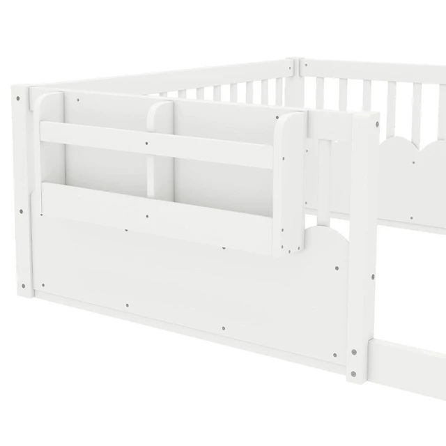 Alt view image 7 of 7 - Full Size Montessori Floor Bed with Guardrails, Solid Wood Kids Daybed with Storage Rack for Boys Girls, White