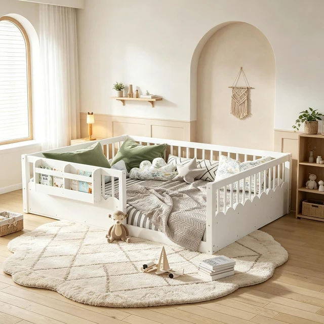 Main image of Queen Size Montessori Floor Bed with Guardrails, Solid Wood Kids Daybed with Storage Rack for Boys Girls, White