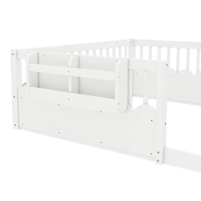 Alt view image 3 of 7 - Queen Size Montessori Floor Bed with Guardrails, Solid Wood Kids Daybed with Storage Rack for Boys Girls, White