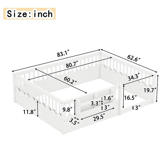 Alt view image 2 of 7 - Queen Size Montessori Floor Bed with Guardrails, Solid Wood Kids Daybed with Storage Rack for Boys Girls, White
