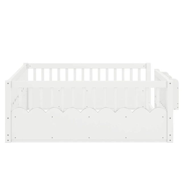 Alt view image 4 of 7 - Queen Size Montessori Floor Bed with Guardrails, Solid Wood Kids Daybed with Storage Rack for Boys Girls, White
