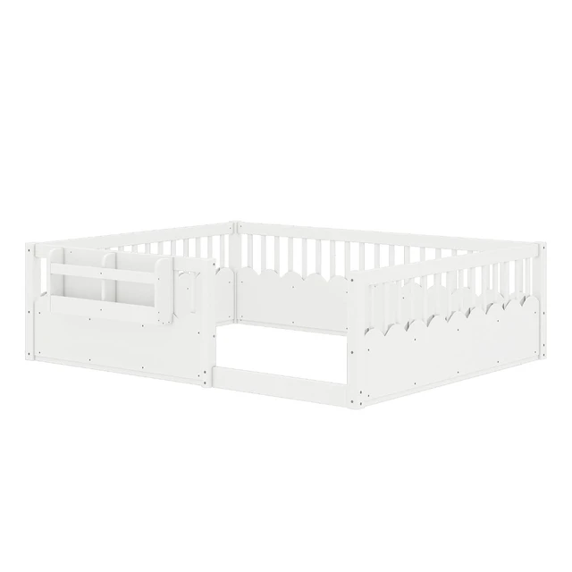 Alt view image 5 of 7 - Queen Size Montessori Floor Bed with Guardrails, Solid Wood Kids Daybed with Storage Rack for Boys Girls, White