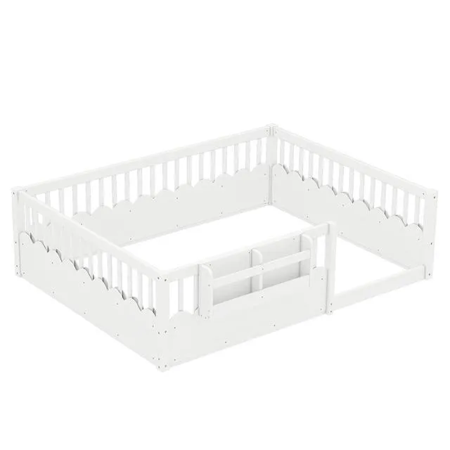 Alt view image 6 of 7 - Queen Size Montessori Floor Bed with Guardrails, Solid Wood Kids Daybed with Storage Rack for Boys Girls, White