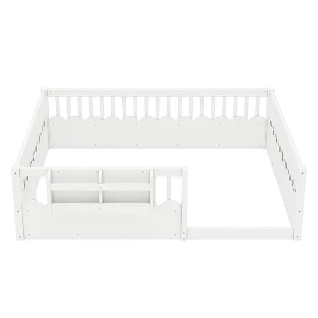 Alt view image 7 of 7 - Queen Size Montessori Floor Bed with Guardrails, Solid Wood Kids Daybed with Storage Rack for Boys Girls, White