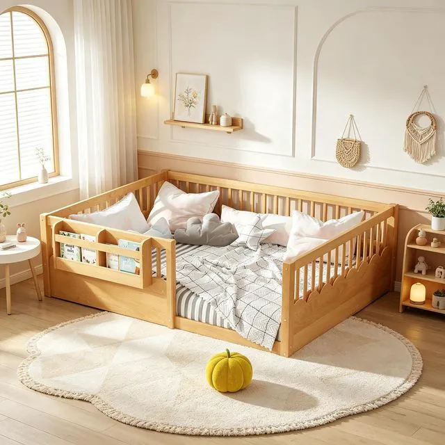 Main image of Full Size Montessori Floor Bed with Guardrails, Solid Wood Kids Daybed with Storage Rack for Boys Girls, Natural