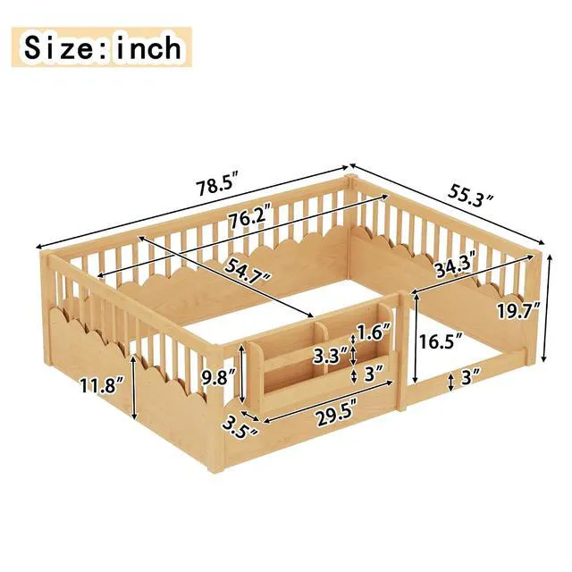Alt view image 2 of 7 - Full Size Montessori Floor Bed with Guardrails, Solid Wood Kids Daybed with Storage Rack for Boys Girls, Natural