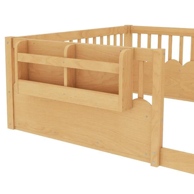 Alt view image 3 of 7 - Full Size Montessori Floor Bed with Guardrails, Solid Wood Kids Daybed with Storage Rack for Boys Girls, Natural