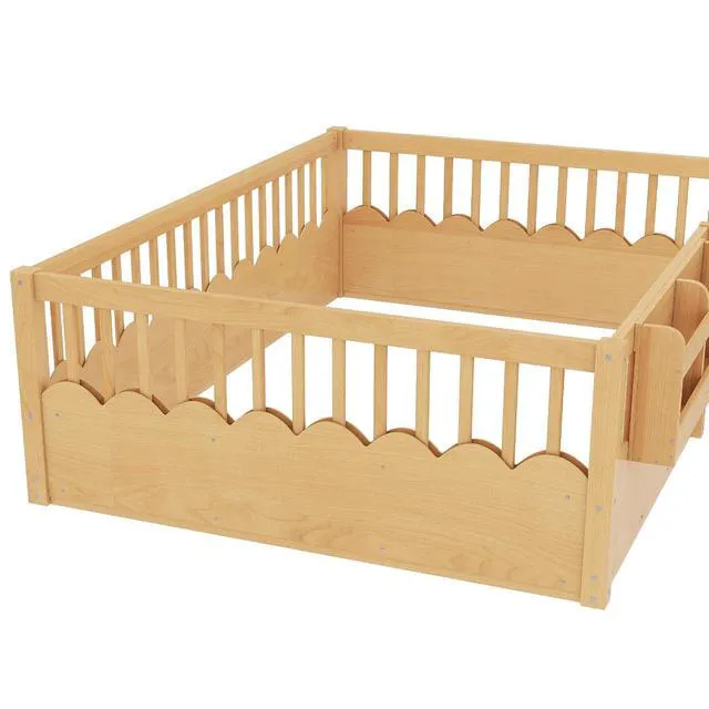 Alt view image 4 of 7 - Full Size Montessori Floor Bed with Guardrails, Solid Wood Kids Daybed with Storage Rack for Boys Girls, Natural