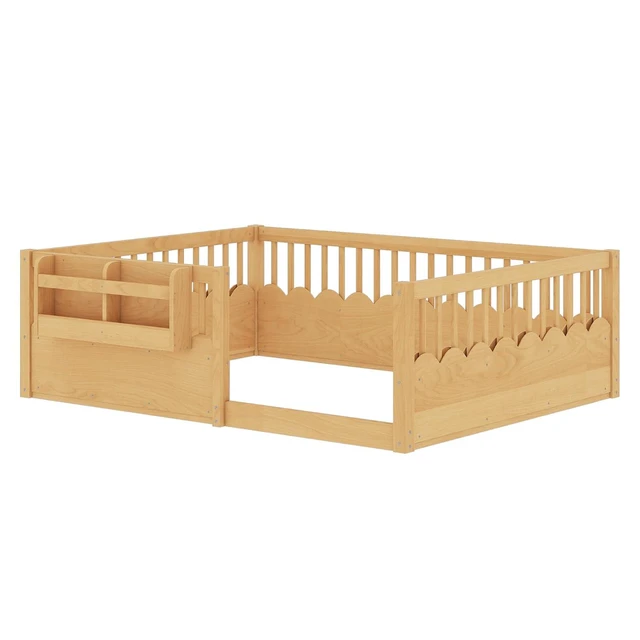 Alt view image 6 of 7 - Full Size Montessori Floor Bed with Guardrails, Solid Wood Kids Daybed with Storage Rack for Boys Girls, Natural