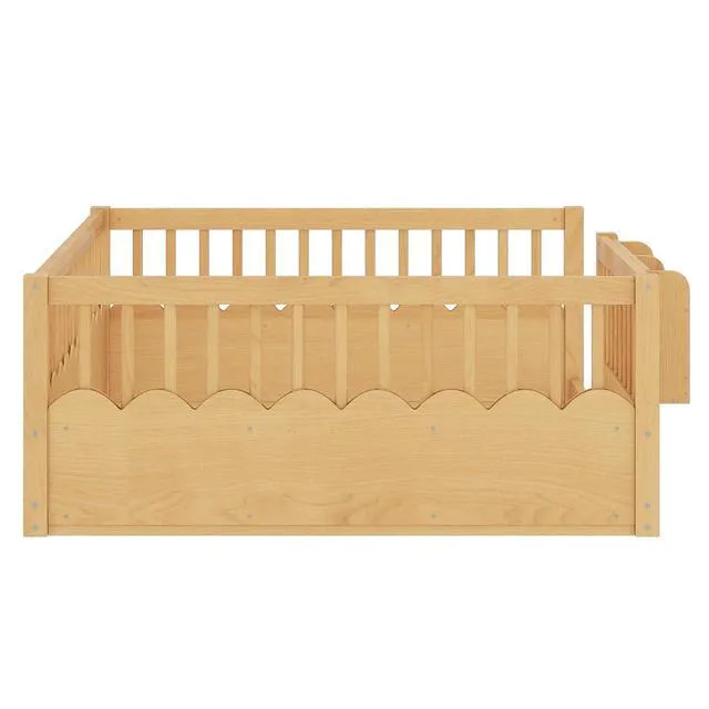 Alt view image 5 of 7 - Full Size Montessori Floor Bed with Guardrails, Solid Wood Kids Daybed with Storage Rack for Boys Girls, Natural