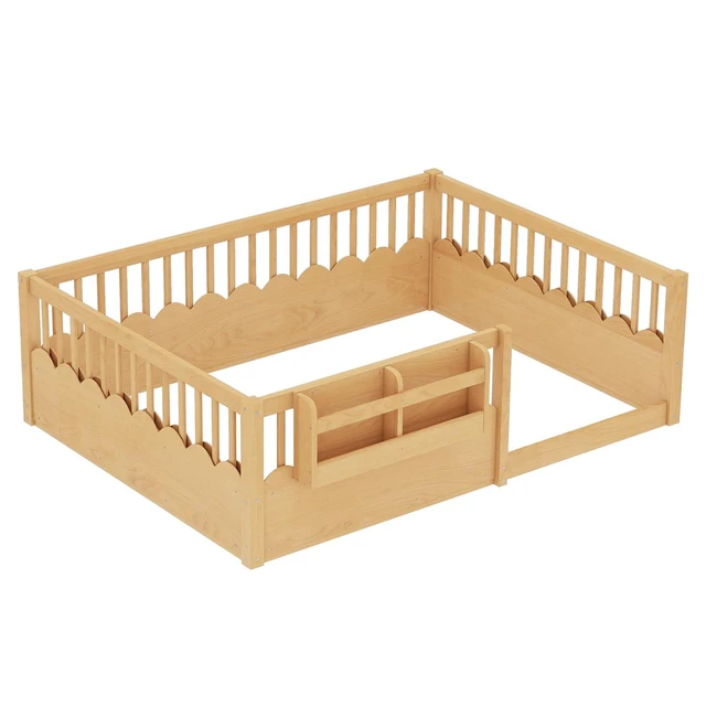 Alt view image 7 of 7 - Full Size Montessori Floor Bed with Guardrails, Solid Wood Kids Daybed with Storage Rack for Boys Girls, Natural