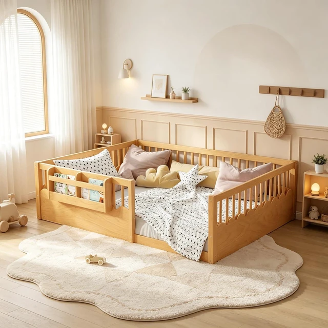 Main image of Queen Size Montessori Floor Bed with Guardrails, Solid Wood Kids Daybed with Storage Rack for Boys Girls, Natural