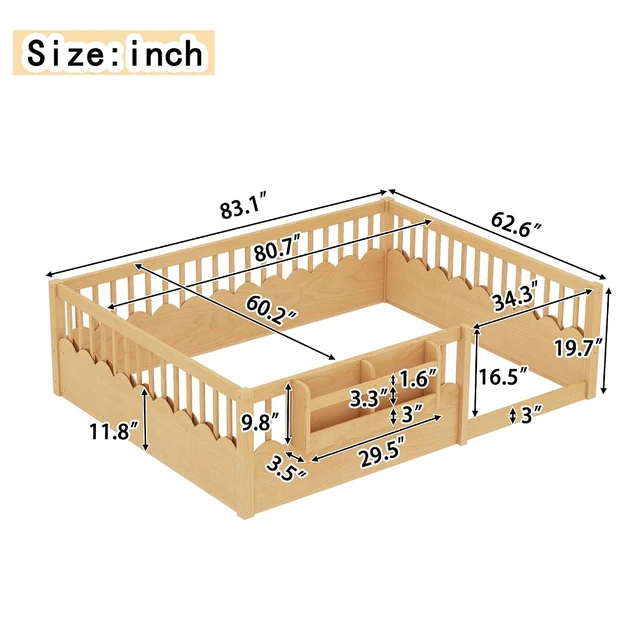Alt view image 2 of 7 - Queen Size Montessori Floor Bed with Guardrails, Solid Wood Kids Daybed with Storage Rack for Boys Girls, Natural