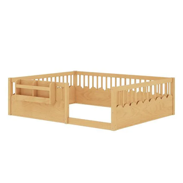 Alt view image 5 of 7 - Queen Size Montessori Floor Bed with Guardrails, Solid Wood Kids Daybed with Storage Rack for Boys Girls, Natural