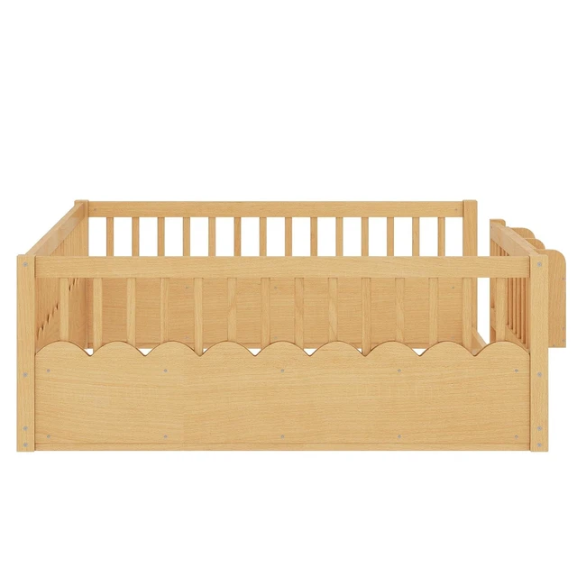 Alt view image 4 of 7 - Queen Size Montessori Floor Bed with Guardrails, Solid Wood Kids Daybed with Storage Rack for Boys Girls, Natural