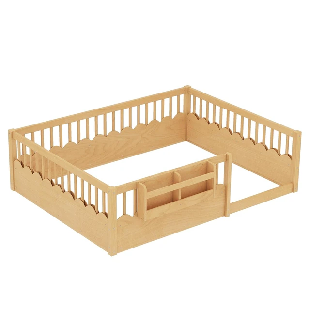 Alt view image 6 of 7 - Queen Size Montessori Floor Bed with Guardrails, Solid Wood Kids Daybed with Storage Rack for Boys Girls, Natural