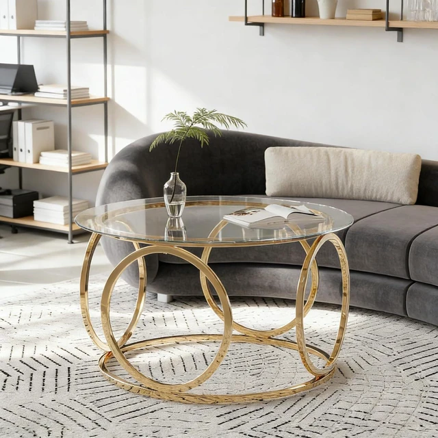 Main image of 31.5" Round Glass Coffee Table with Circular Metal Frame, Contemporary Center Table for Living Room, Office and Lounge, Gold