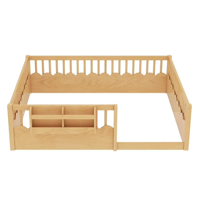 Alt view image 7 of 7 - Queen Size Montessori Floor Bed with Guardrails, Solid Wood Kids Daybed with Storage Rack for Boys Girls, Natural