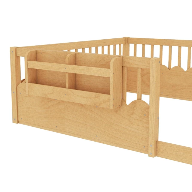 Alt view image 3 of 7 - Queen Size Montessori Floor Bed with Guardrails, Solid Wood Kids Daybed with Storage Rack for Boys Girls, Natural