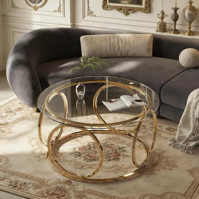 Alt view image 4 of 7 - 31.5" Round Glass Coffee Table with Circular Metal Frame, Contemporary Center Table for Living Room, Office and Lounge, Gold