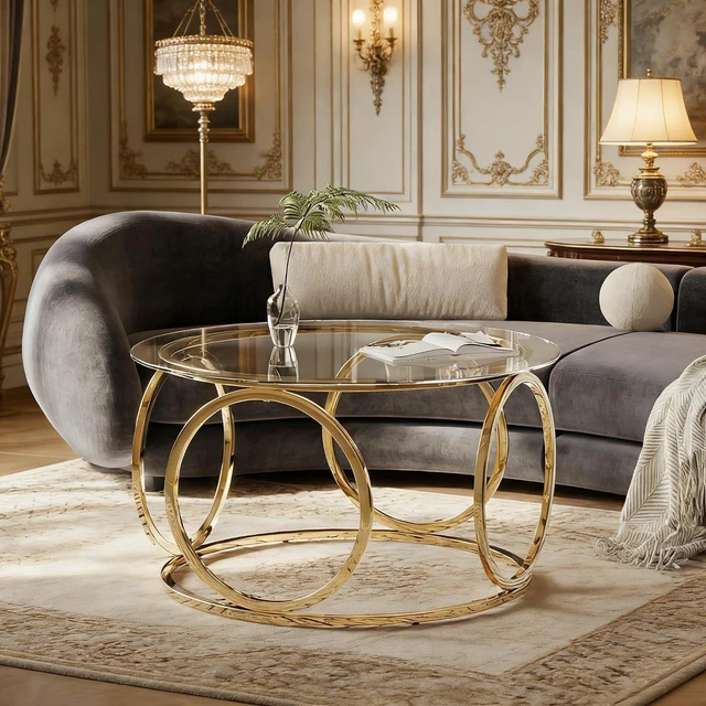 Alt view image 3 of 7 - 31.5" Round Glass Coffee Table with Circular Metal Frame, Contemporary Center Table for Living Room, Office and Lounge, Gold