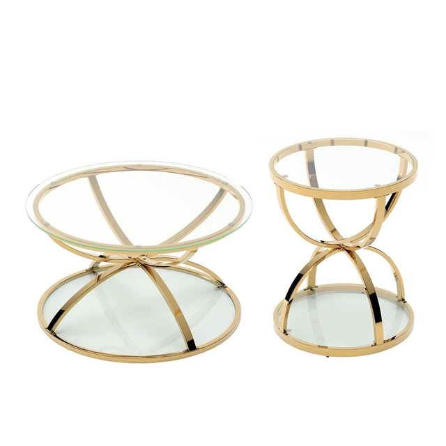 Alt view image 4 of 6 - Coffee Table Set of 2, Round Glass Center Table with 2 Tiers and Ring-Shaped Frames for Living Room, Office & Apartment, Gold