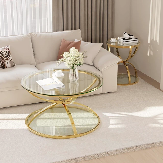Alt view image 3 of 6 - Coffee Table Set of 2, Round Glass Center Table with 2 Tiers and Ring-Shaped Frames for Living Room, Office & Apartment, Gold