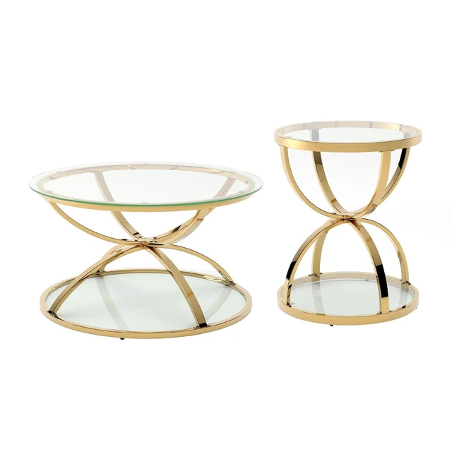 Alt view image 5 of 6 - Coffee Table Set of 2, Round Glass Center Table with 2 Tiers and Ring-Shaped Frames for Living Room, Office & Apartment, Gold