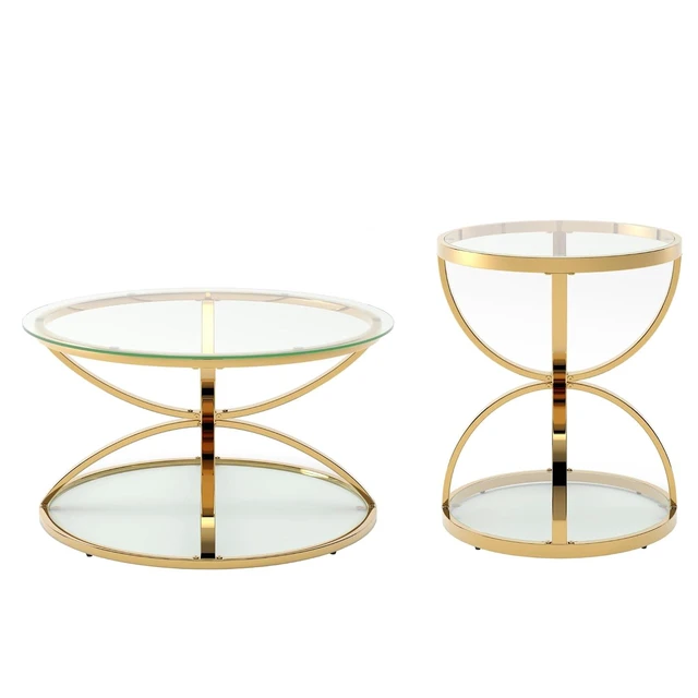 Alt view image 6 of 6 - Coffee Table Set of 2, Round Glass Center Table with 2 Tiers and Ring-Shaped Frames for Living Room, Office & Apartment, Gold